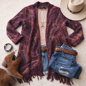 Lucky Brand Boho Fringe Cardigan Sweater Purple Southwest Knit Small